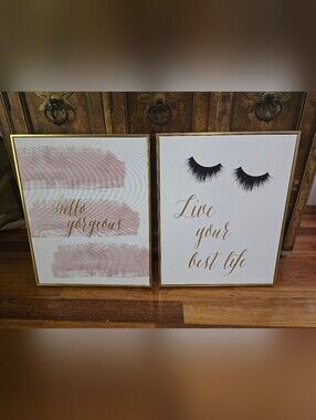 Set of 2 Framed Wall Art Prints - Pink, White & Gold